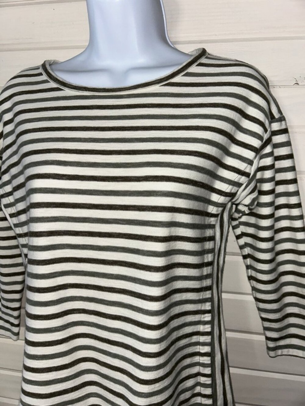 T by Talbots Sz PETITES P PXS Top Tunic Green Striped 100% Cotton 3/4 Sleeve EUC